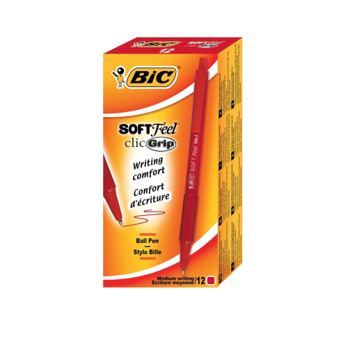 BIC SOFTFEEL CLIC PENNA A SFERA INCHIOSTRO ROSSO PUNTA MEDIA COLORE FUSTO ROSSO CONF. 12 Pz.